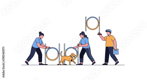 Dog training session with handlers and agility equipment