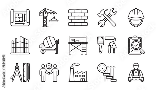 Construction and engineering line icons for building and renovation projects