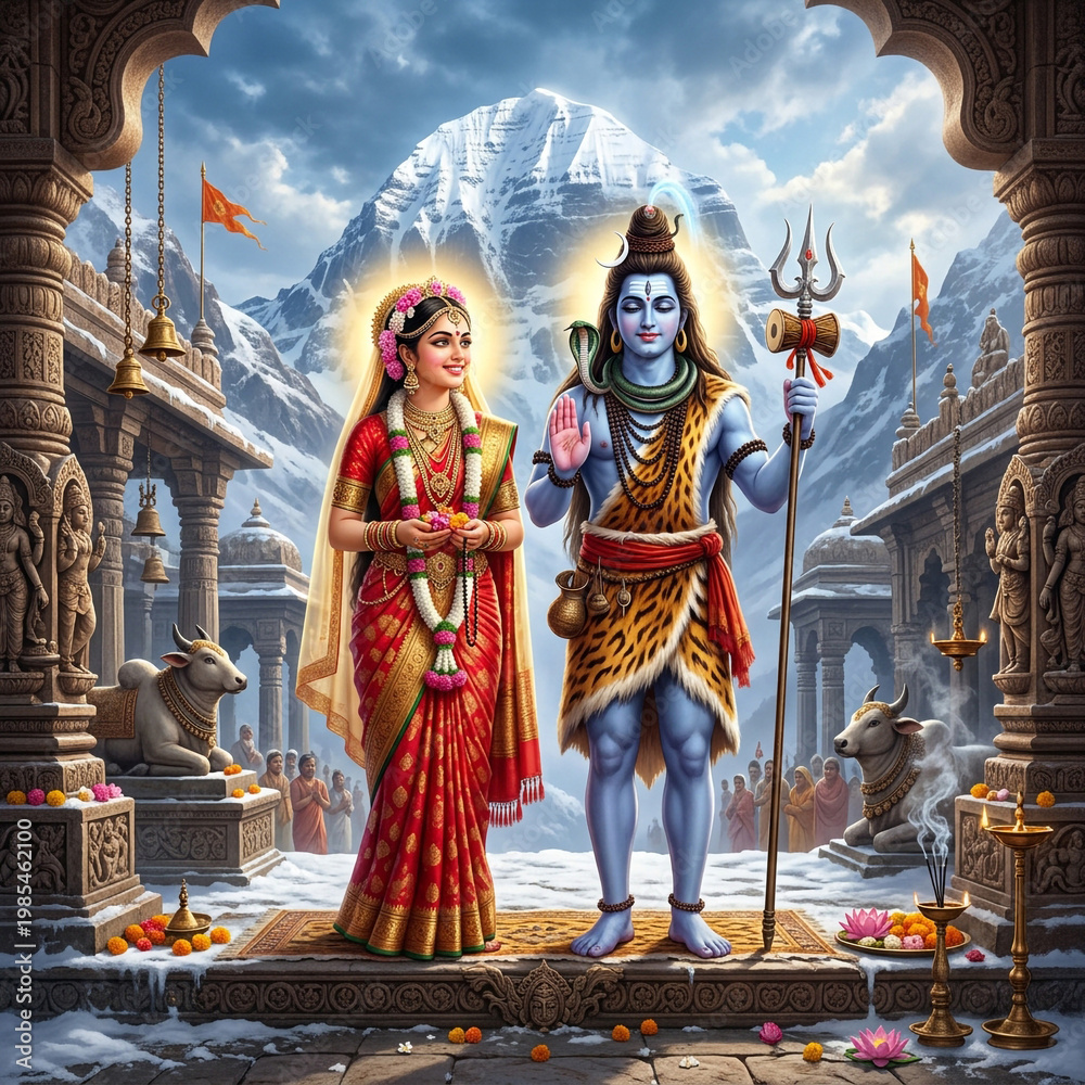Fototapeta premium Lord Shiva and Goddess Parvati Standing at Mount Kailash Temple