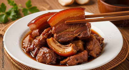 Delicious braised pork belly with vegetables.