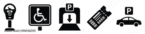 Collection of monochrome parking related service symbols for seamless integration into modern urban navigation systems and transportation infrastructure planning applications