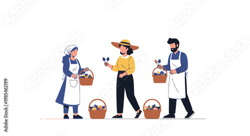 Vintage Market Shopping Scene with People Holding Baskets