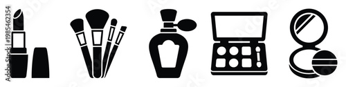 Stylized icons depicting essential cosmetic and makeup items such as lipstick, brushes, perfume, eyeshadow palette, and compact, perfect for beauty blogs, product promotions, and digital
