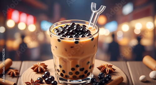 Boba tea with star anise and cinnamon.