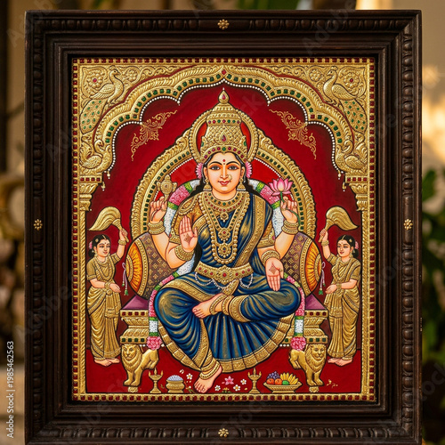 Traditional Indian Tanjore Style Painting of Goddess Lakshmi