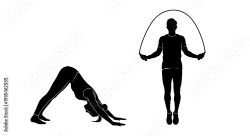 A striking visual depicts two figures in contrasting exercise poses one jumping rope and one in downward dog silhouette high quality professional detailed modern