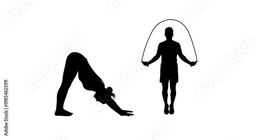 This image depicts two figures engaged in physical exercise one jumping rope and another in a downward dog yoga pose silhouette high quality professional
