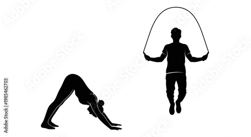 A dynamic image showcases two figures engaged in physical activity one jumping rope and another performing a downward dog pose silhouette high quality professional