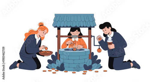 Kneeling Family Celebrating Traditional Cultural Ritual Around Well