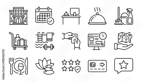 Hotel and hospitality services line icon set with hospitality, accommodation