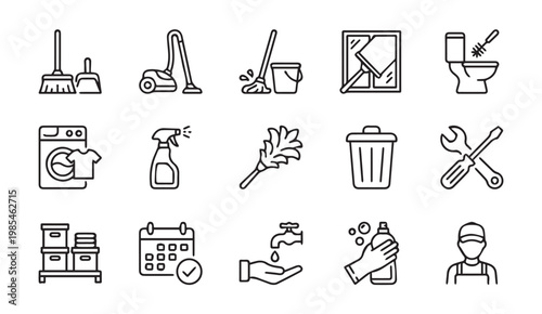 House cleaning services and domestic chores outline icons with cleaning