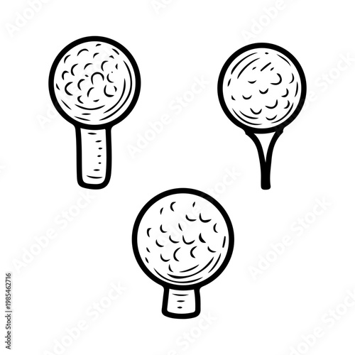 Set of golf balls on a stand. Hand drawn vector doodle. Sports equipment for lawn games. Golfer accessories. Line art graphic illustration.
