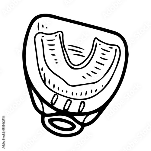 Dental mouth guard in a protective case. Hand drawn vector sketch. Boxer sports equipment. Accessory for ring fighting. Combat sport. Line art graphic illustration.