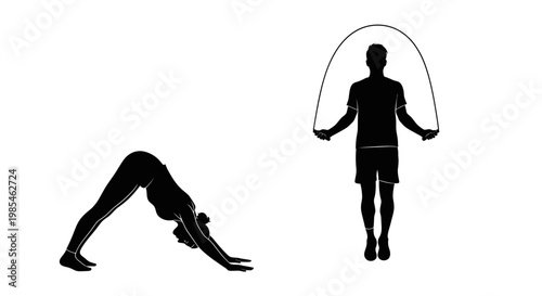 A stark depiction showcases two figures engaged in fitness activities one jumping rope and another in downward dog pose silhouette high quality professional detailed