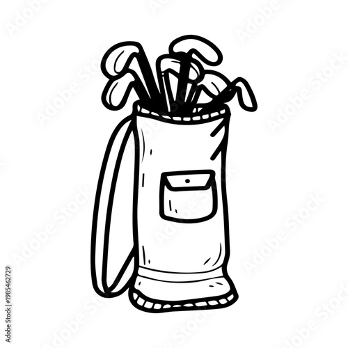 Bag with a set of golf clubs. Hand drawn vector sketch. Golfer sports equipment. Accessories for sports games. Line art graphic illustration.