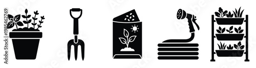 Gardening tools and plants silhouette set for home garden supplies, plant care instruction manuals, and urban farming project graphics.