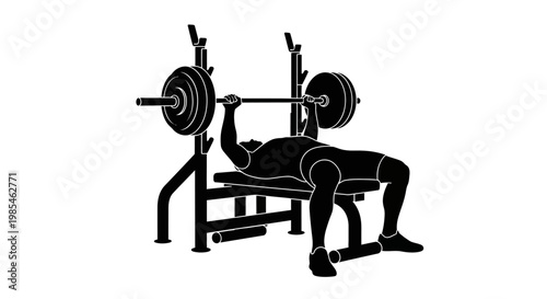 A striking black silhouette depicts a weightlifter performing a bench press exercise with a barbell showcasing strength and fitness silhouette high quality professional detailed