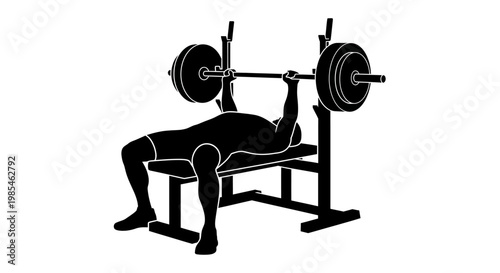 A stark black silhouette depicts a weightlifter performing a bench press exercise with substantial plates highlighting muscular exertion silhouette high quality professional detailed modern
