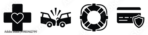 Comprehensive insurance icons for medical care, auto accidents, life safety, and secure financial services, ideal for digital platforms and policy presentations
