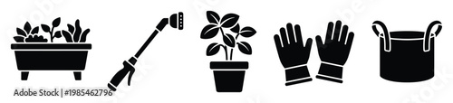Essential gardening tools and planting supplies presented as silhouette icons for various horticultural projects and outdoor hobby applications