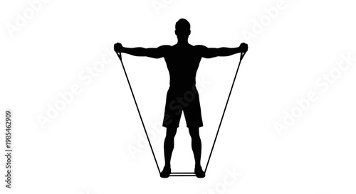 A stark black silhouette of a muscular man performing a resistance band exercise demonstrating strength and fitness training silhouette high quality professional detailed modern