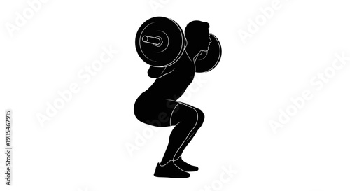 A strong athlete is depicted performing a barbell back squat exercise showcasing peak physical condition and strength in silhouette high quality professional detailed modern