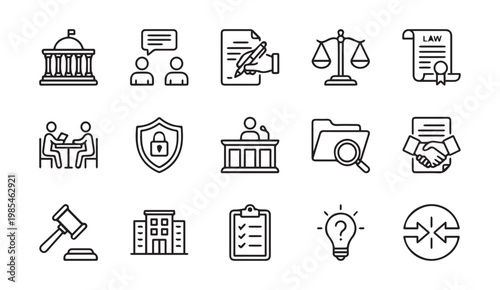 Law legal and justice system line icon set with attorney document contract