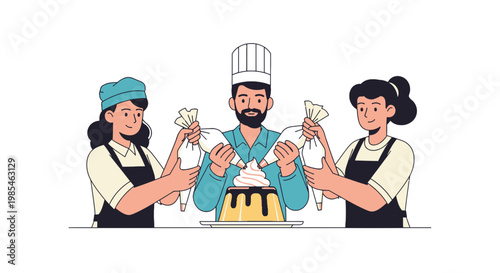 Pastry Chef Celebrating with Two Assistants Behind Dessert