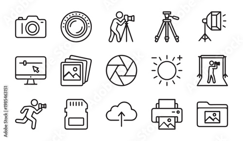 Photography and videography equipment line icons set with photography, aperture