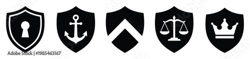 Black shield icons symbolizing security, strength, direction, justice, and authority, ideal for conveying protection, reliability, and important values in digital and print applications.