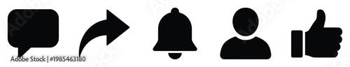 Essential social media engagement icons for digital platforms and web interfaces representing communication sharing notifications user profiles and positive feedback