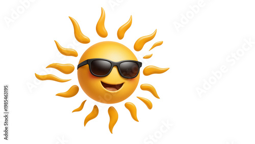 Smiling yellow sun with sunglasses and radiating orange rays