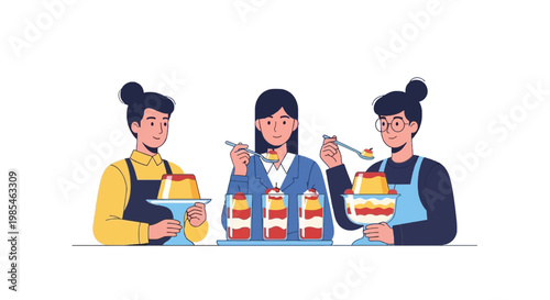 Three Friends Enjoying Delicious Layered Cakes and Drinks