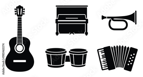 Collection of various music instruments such as acoustic guitar, upright piano, brass trumpet, percussion bongos, and portable accordion for musical themes, educational resources, and