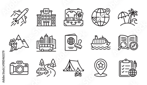 Travel and vacation line icon set with tourism symbols for trip planning