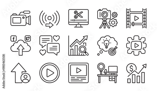 Production and digital marketing line icon set for content creation