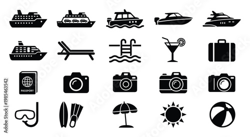 Collection of travel and vacation icons including ships, boats, beach items, and holiday symbols perfect for tourism websites, mobile applications, and print brochures