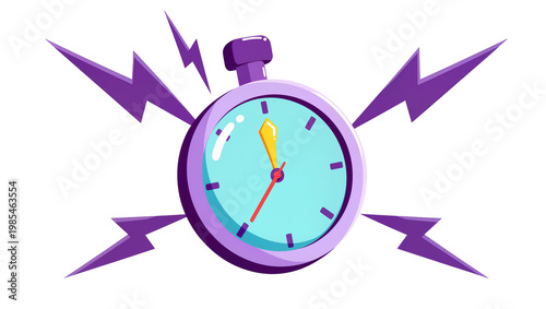 Purple stopwatch with red hands surrounded by violet lightning bolts