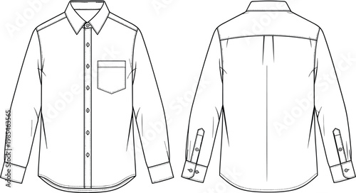 Men Long Sleeve Formal Button Down Shirt Front and Back Technical Illustration For Fashion Design Template Isolated On White Background Vector