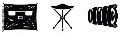 Outdoor photography equipment icons including a camouflage blind, a portable folding stool, and a camera telephoto lens, perfect for illustrating wildlife observation activities