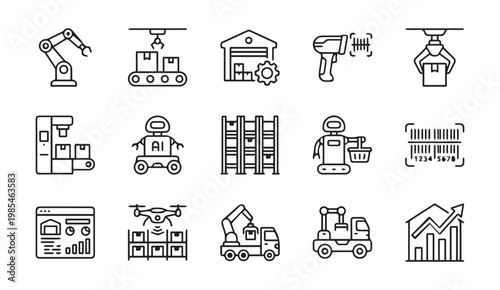 Automated warehouse and logistics robotics line icons for smart supply chain