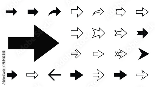 A versatile collection of various arrow symbols in solid black and outline styles, perfect for providing directional indicators or navigation elements in digital projects.