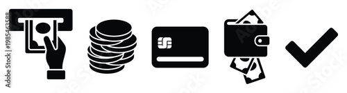 Financial services icons illustrating ATM cash withdrawal, stacked coins, secure payment card, wallet with banknotes, and transaction approval for banking applications.