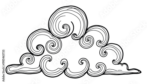 A decorative Asian inspired cloud outline featuring intricate swirls and wavy lines, perfect for cultural graphic projects, traditional print media, or a unique logo.