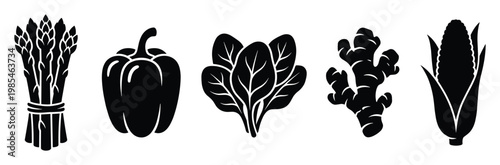 Assortment of fresh farm produce icons featuring asparagus, bell pepper, spinach leaves, ginger root, and corn cob for healthy eating designs and culinary project branding