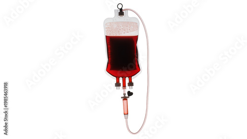 Foto Red liquid filled blood bag with tubing and connectors