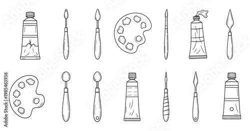 Hand drawn outline collection of essential artist tools featuring paint tubes, painting brushes, palettes, and palette knives perfect for creative projects and studio work.