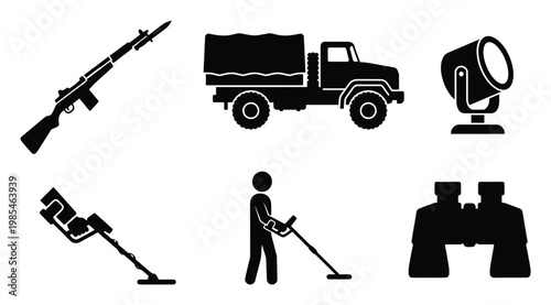 Collection of military and outdoor exploration tools including a rifle, truck, spotlight, metal detector, and binoculars, useful for defense or adventure themed visual projects