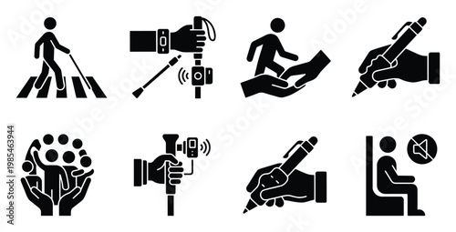 Comprehensive collection of accessibility and disability support glyph icons depicting assistive technology, community care, communication, and public service etiquette, ideal for inclusive