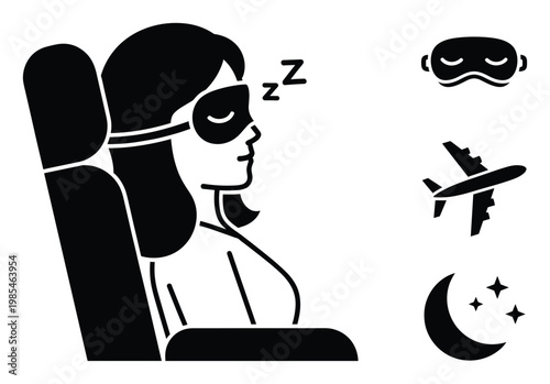 Woman sleeping comfortably on an airplane with an eye mask during a long journey, perfect for promoting travel comfort, sleep aids, and airline services.